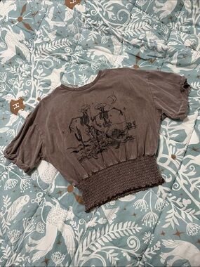 Cropped Washed Brown Graphic Tee with Smocked Waist